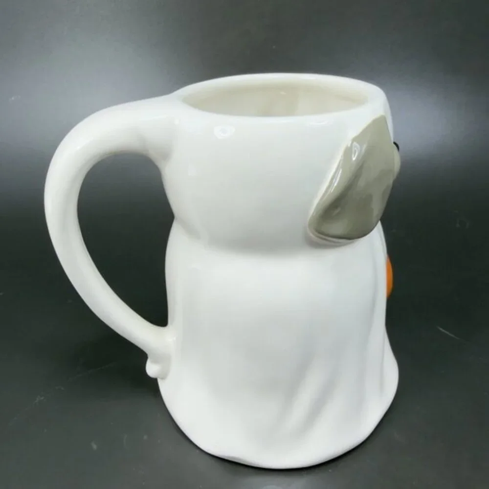 Pottery Barn Ceramic Dog Ghost Holding A Pumpkin Coffee Mug Cup Whimsical 25oz‎